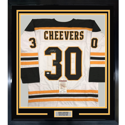 Framed Autographed/Signed Gerry Cheevers HOF 85 35x39 Boston White Hockey Jersey JSA COA
