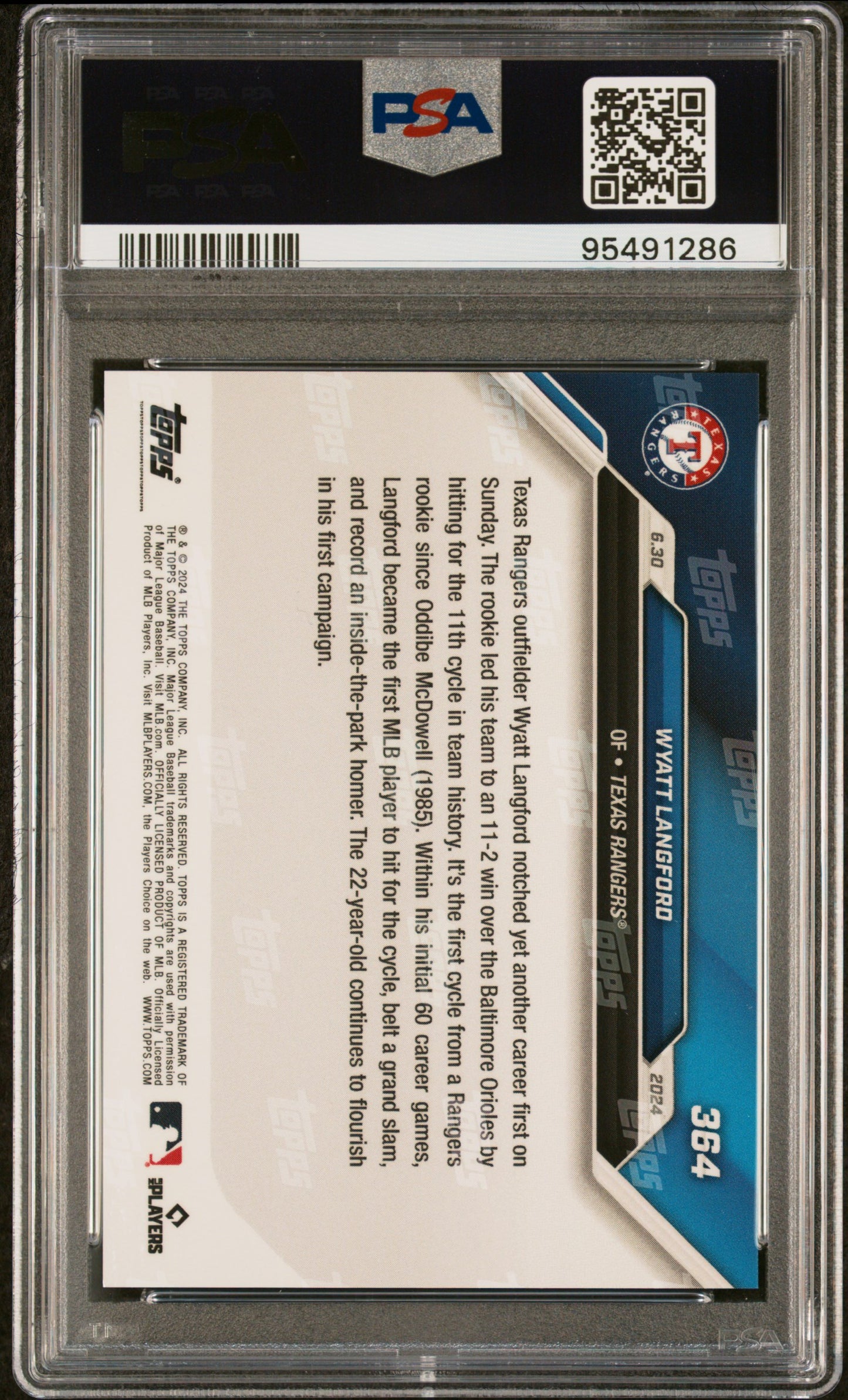 Graded 2024 Topps Now Wyatt Langford #364 Rookie RC Baseball Card PSA 10 Gem Mint