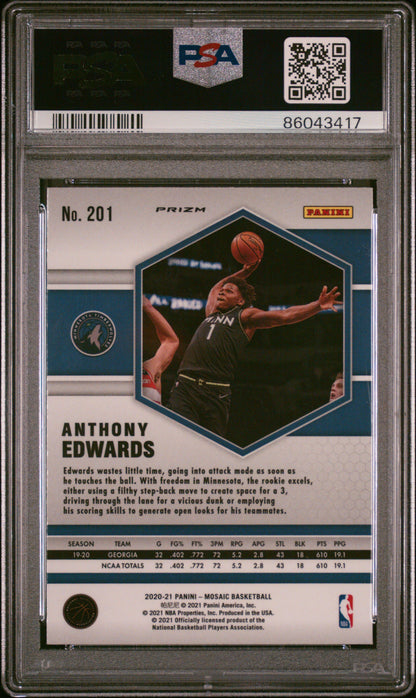 Graded 2020-21 Panini Mosaic Anthony Edwards #201 Reactive Blue Rookie RC Basketball Card PSA 10 Gem Mint