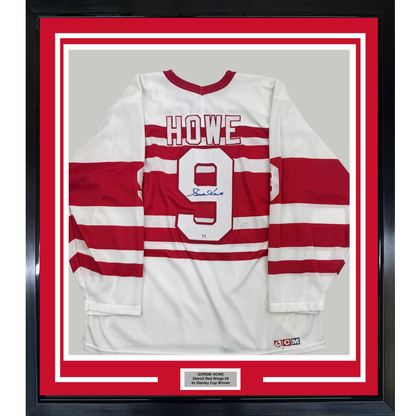 Framed Autographed/Signed Gordie Howe 35x39 Detroit White Hockey Jersey PSA COA