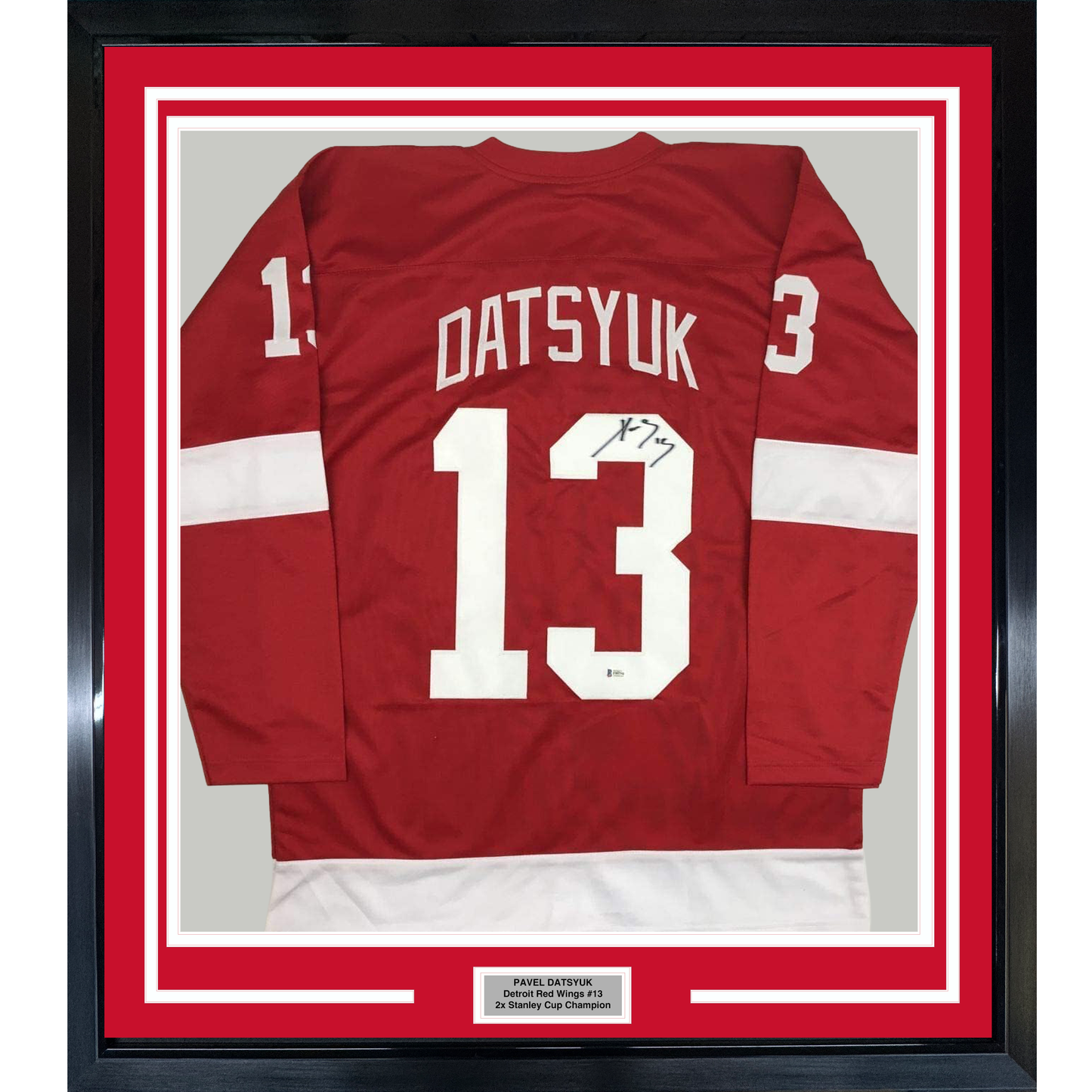 Framed Autographed/Signed Pavel Datsyuk 35x39 Detroit Red Hockey Jersey Beckett BAS COA Holo Only