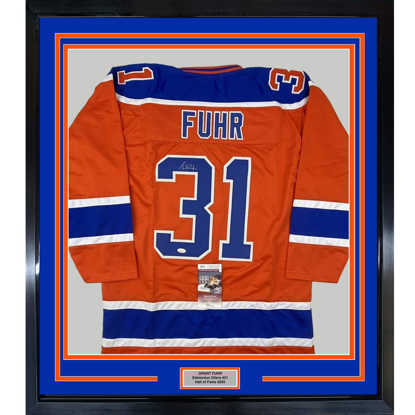Framed Autographed/Signed Grant Fuhr 35x39 Edmonton Orange Hockey Jersey JSA COA