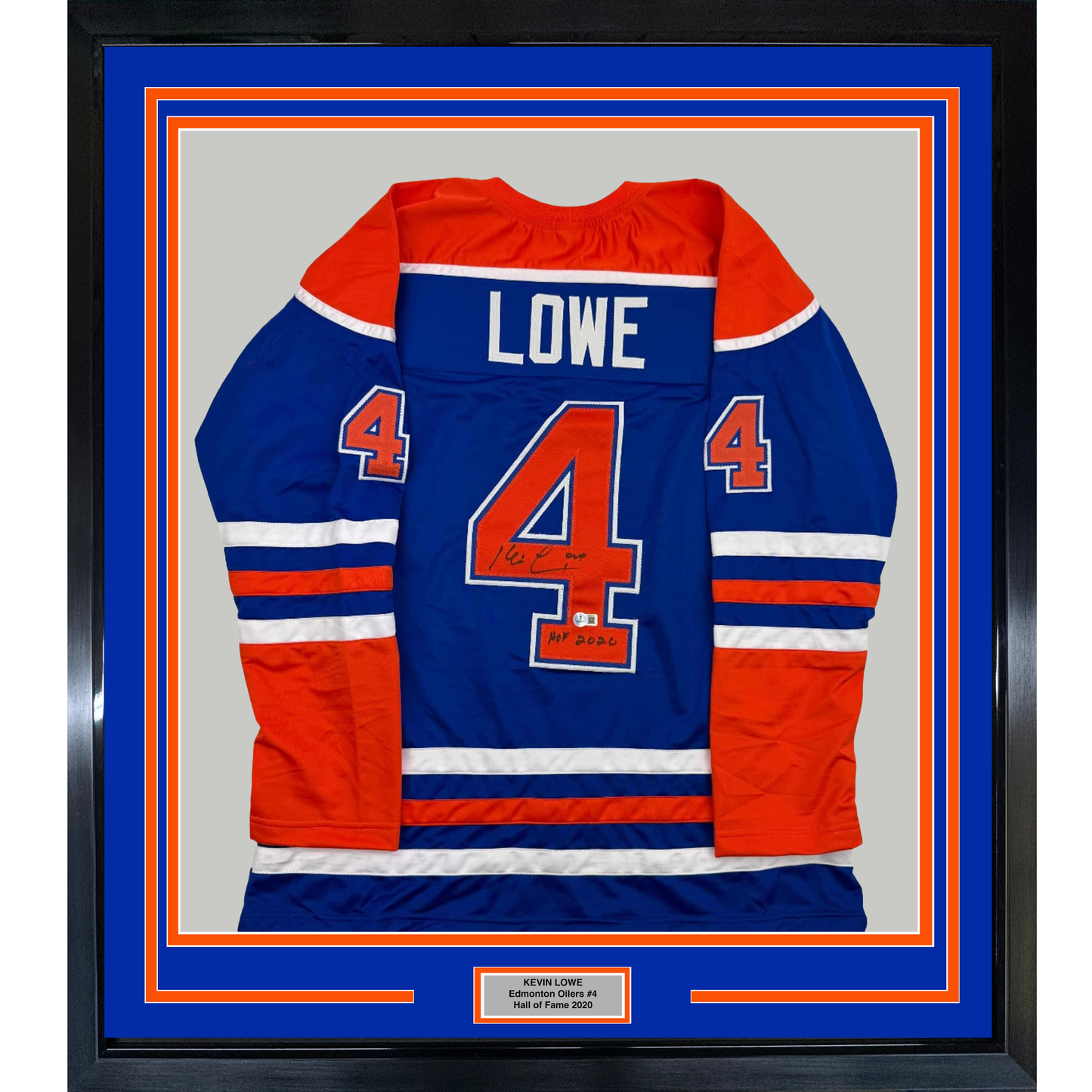 Framed Autographed/Signed Kevin Lowe 35x39 "HOF 2020" Edmonton Blue Hockey Jersey Beckett BAS COA
