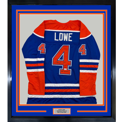 Framed Autographed/Signed Kevin Lowe 35x39 "HOF 2020" Edmonton Blue Hockey Jersey Beckett BAS COA
