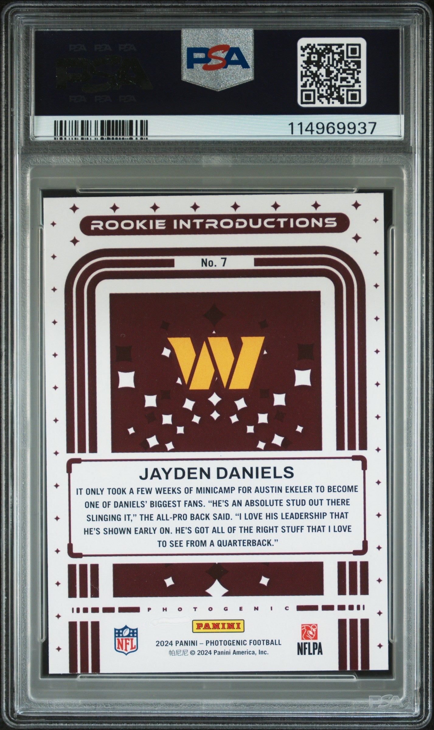 Graded 2024 Panini Photogentic Jayden Daniels #7 Rookie Introductions Rookie RC Football Card PSA 10 Gem Mint
