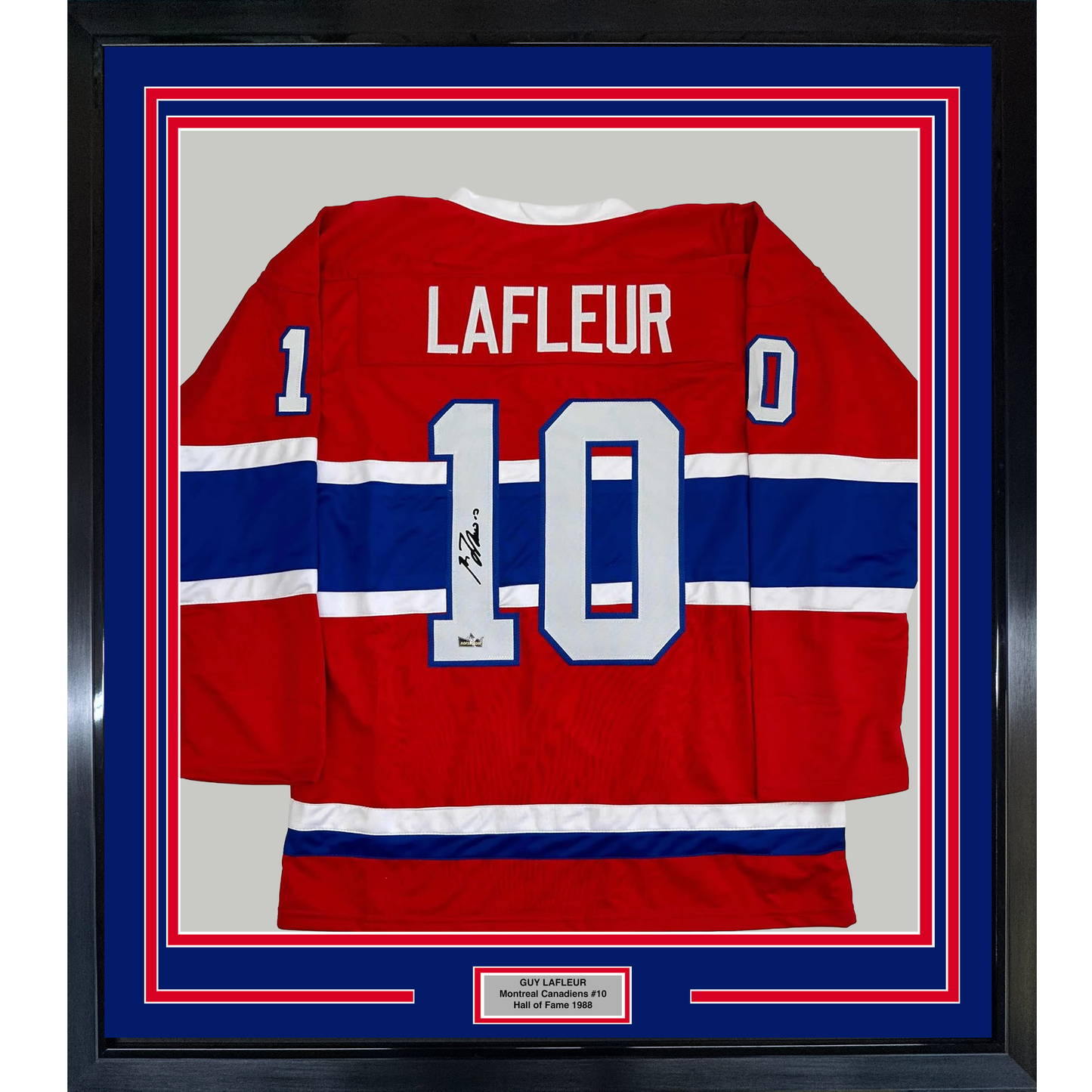 Framed Facsimile Autographed Guy LaFleur 35x39 Montreal Red Reprint Laser Auto Hockey Jersey