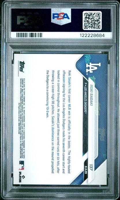 Graded 2025 Topps Now Roki Sasaki #137 Gold Foil /50 Rookie RC Baseball Card PSA 9 Mint