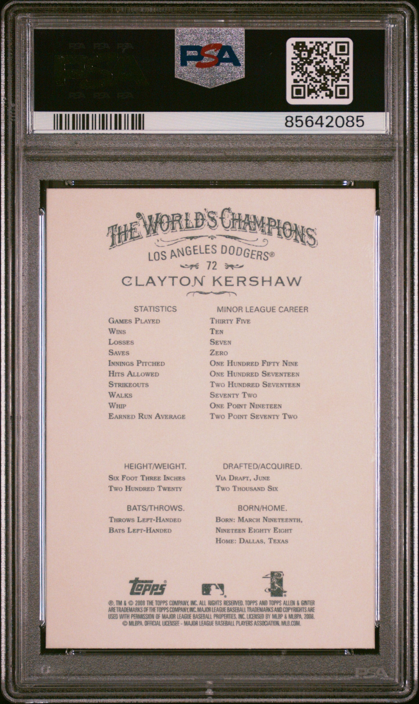 Graded 2008 Topps Allen & Ginter Clayton Kershaw #72 Rookie RC Baseball Card PSA 10 Gem Mint