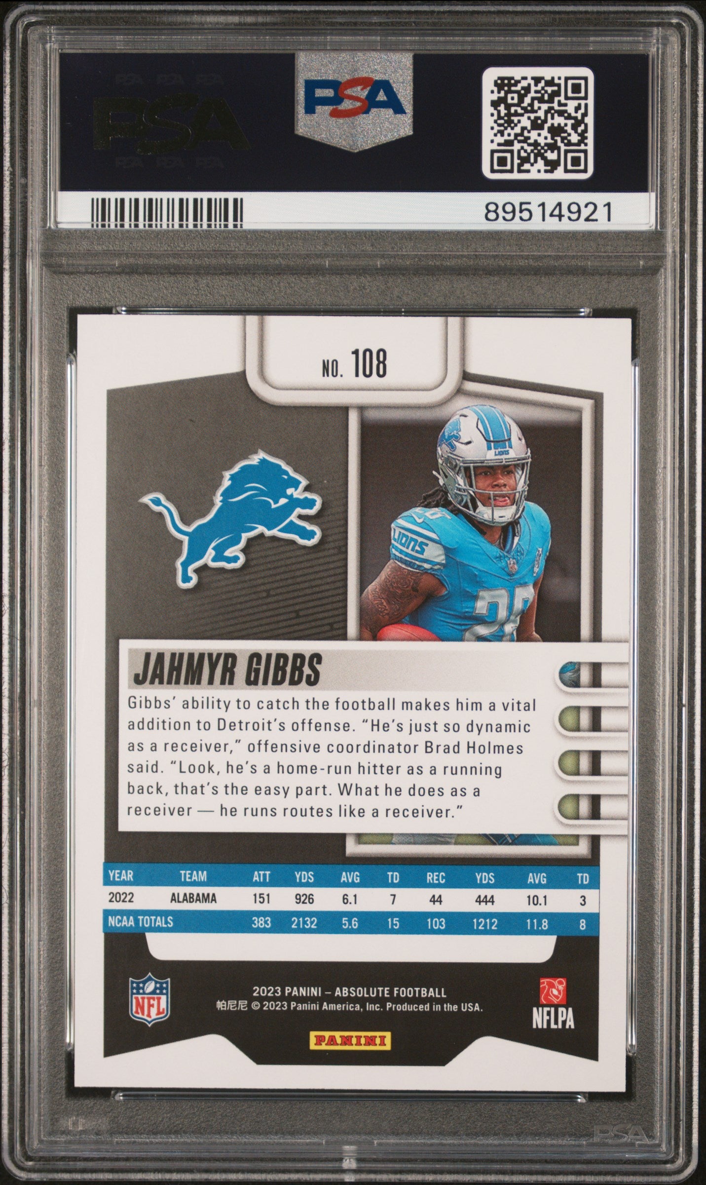 Graded 2023 Panini Absolute Jahmyr Gibbs #108 Red Squares #/499 Rookie RC Football Card PSA 10 Gem Mint