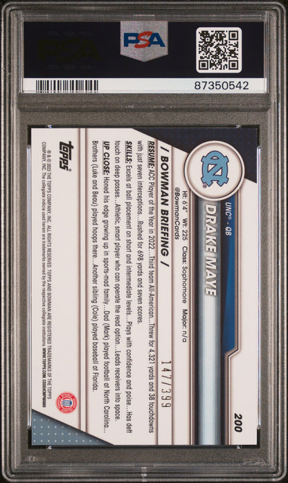 Graded 2023 Topps Bowman U Chrome Drake Maye #200 Purple Mini Diamond #/399 Rookie RC Football Card PSA 10 Gem Mint