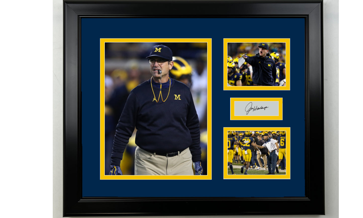 Framed Jim Harbaugh Michigan Wolverines Facsimile Laser Engraved Signature Football 14x11 3 Photo Collage