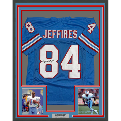 Framed Autographed/Signed Haywood Jeffires 35x39 Tennessee Retro Light Blue Football Jersey JSA COA