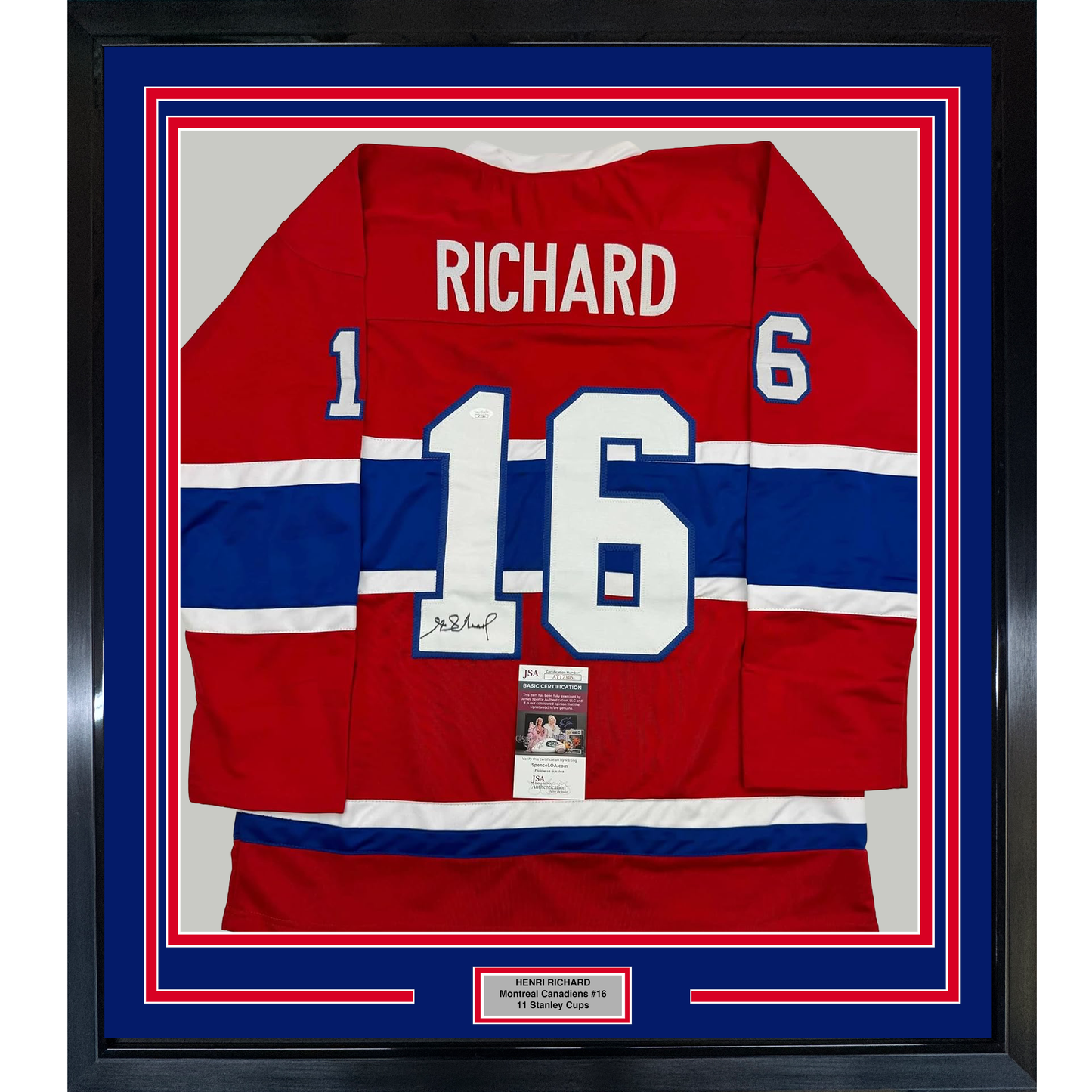 Framed Autographed/Signed Henri Richard 35x39 Montreal Red Hockey Jersey JSA COA