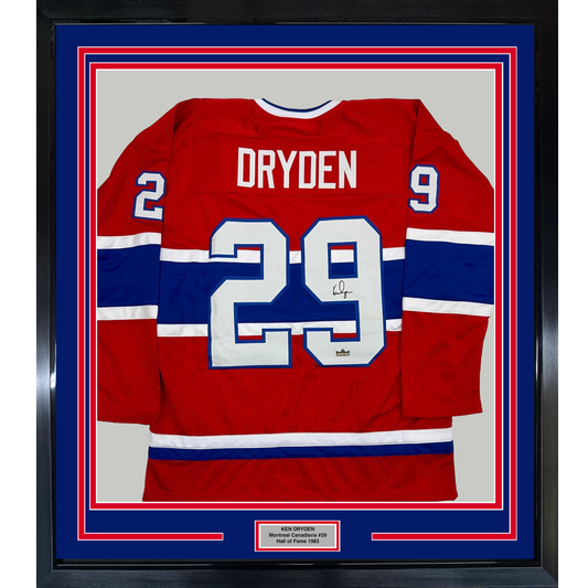 Framed Facsimile Autographed Ken Dryden 35x39 Montreal Red Reprint Laser Auto Hockey Jersey