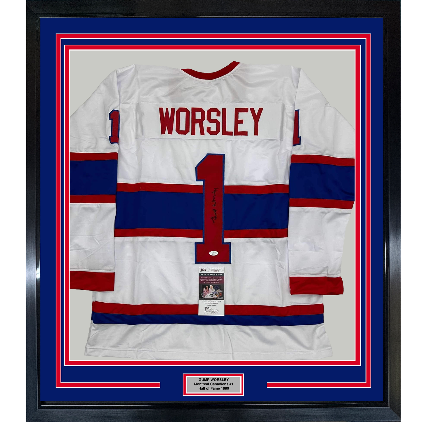 Framed Autographed/Signed Gump Worsley 35x39 Montreal White Hockey Jersey JSA COA