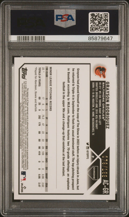 Graded 2023 Topps Chrome Update Grayson Rodriguez #ACGR Autograph Aqua Wave #/199 Rookie RC Baseball Card PSA 10 Gem Mint