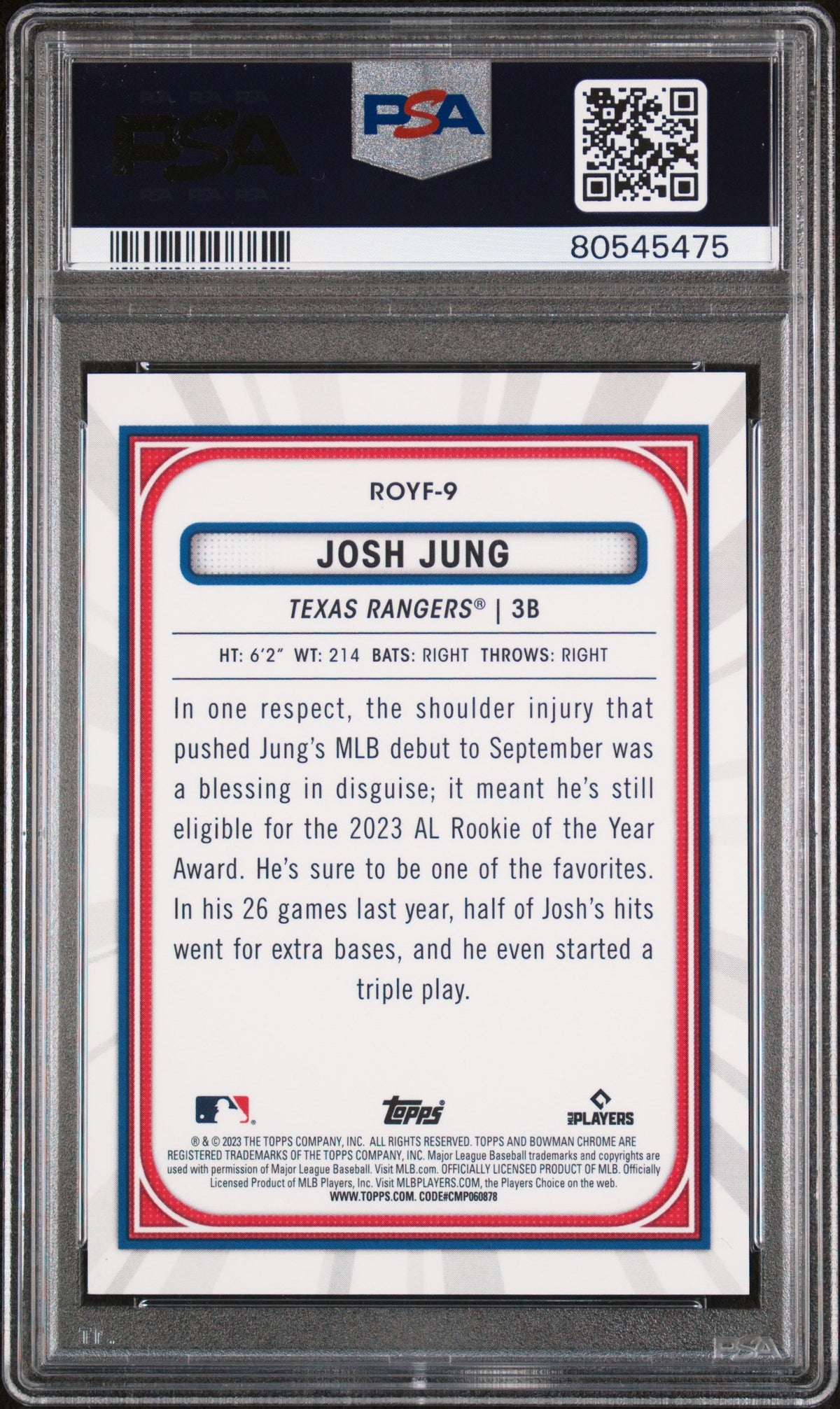 Graded 2023 Topps Bowman Chrome M/B Josh Jung #9 ROY Favorites Purple Refractor #/250 Rookie RC Baseball Card PSA 10 Gem Mint