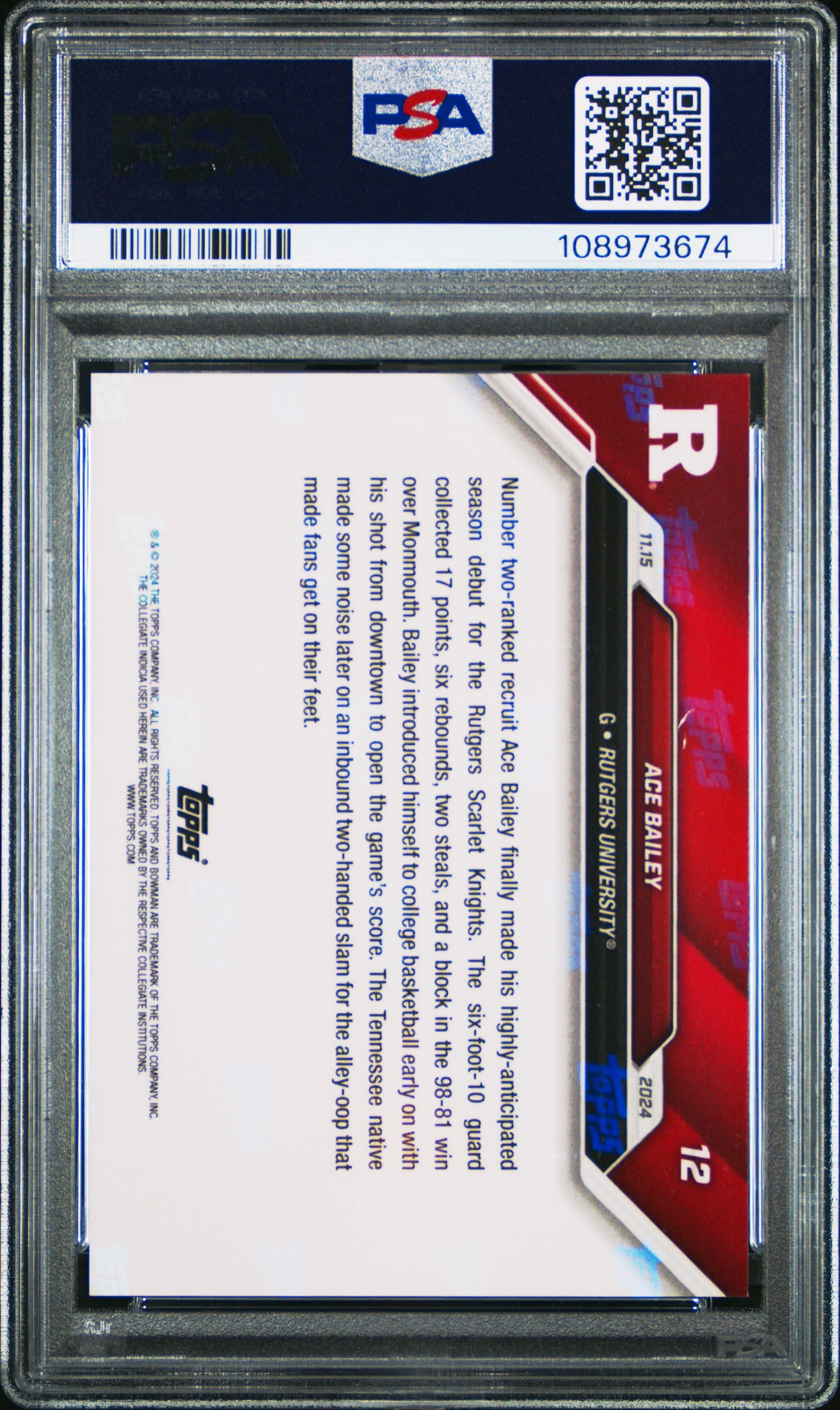 Graded 2024 Topps Bowman U Now Ace Bailey #12 Rookie RC Basketball Card PSA 10 Gem Mint