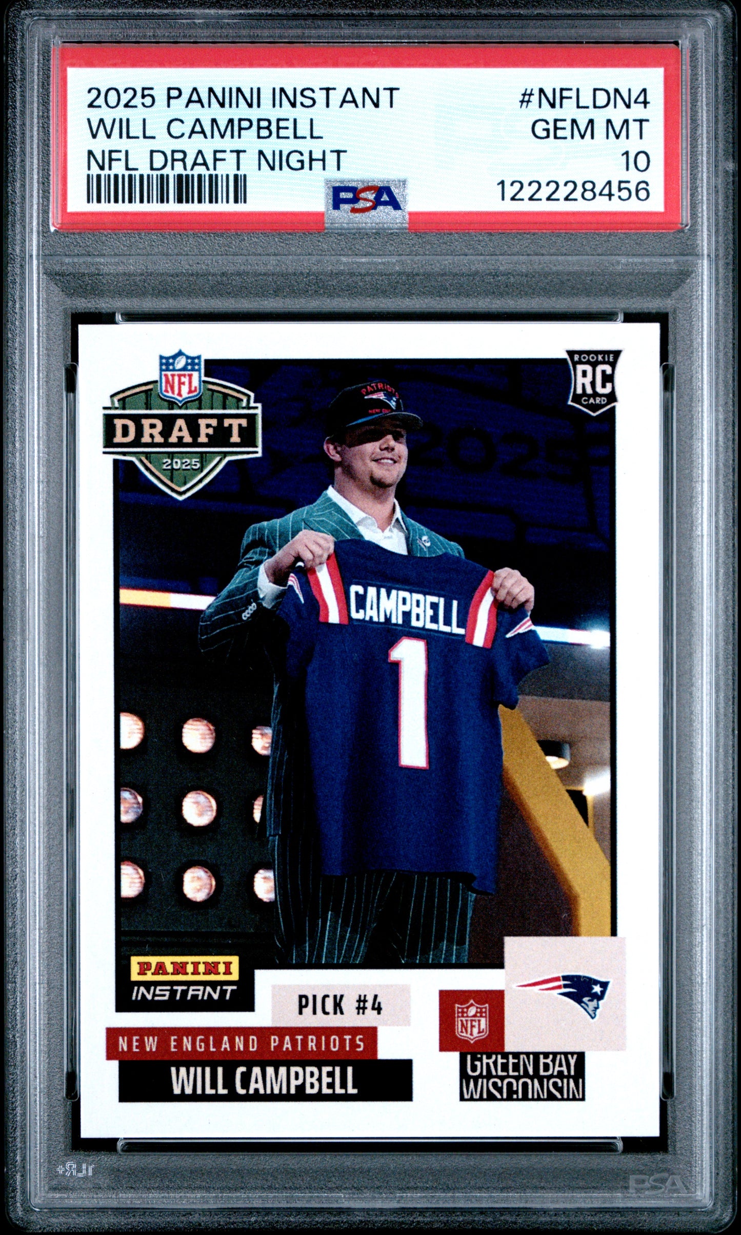 Graded 2025 Panini Instant Will Campbell #NFLDN4 NFL Draft Night Rookie RC Football Card PSA 10 Gem Mint
