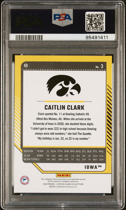 Graded 2024 Panini Caitlin Clark Collection Caitlin Clark #3 Donruss Rookie RC Basketball Card PSA 9 Mint