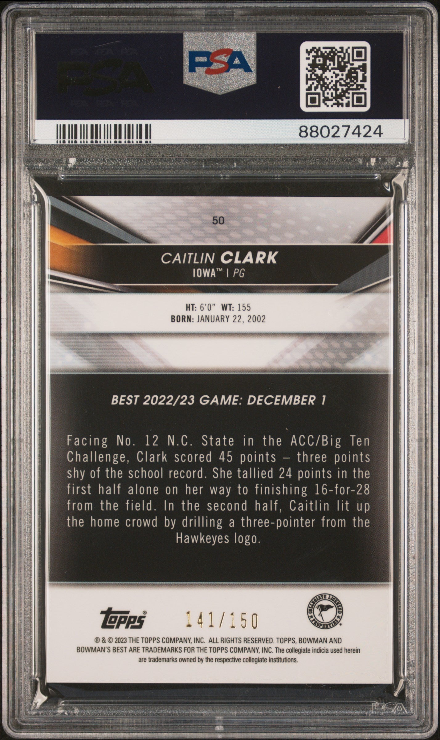 Graded 2022 Topps Bowman University Best Caitlin Clark #50 Blue Refractor #/150 Rookie RC Basketball Card PSA 10 Gem Mint