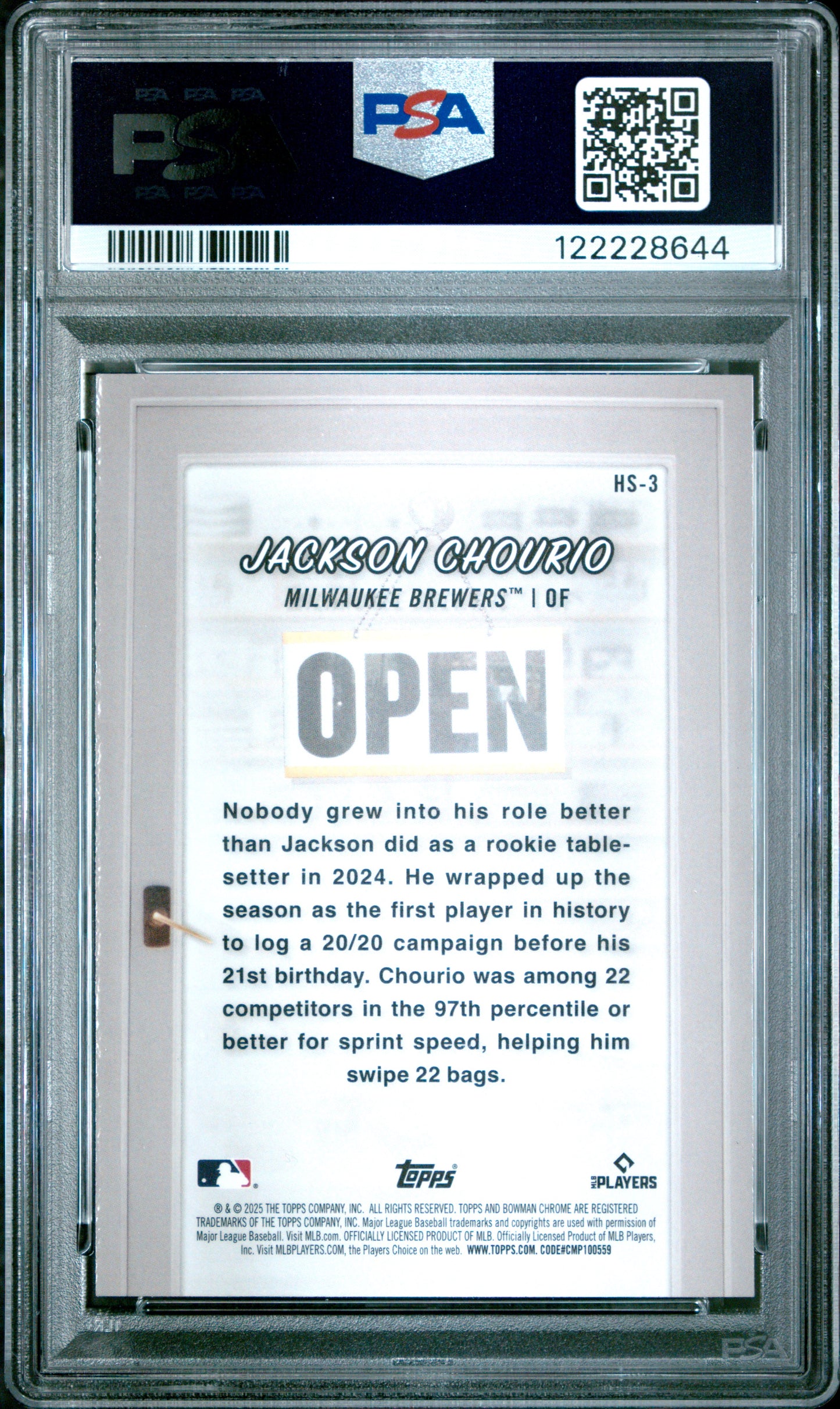 Graded 2025 Topps Bowman Jackson Chourio #HS3 Hobby Stars Baseball Card PSA 10 Gem Mint
