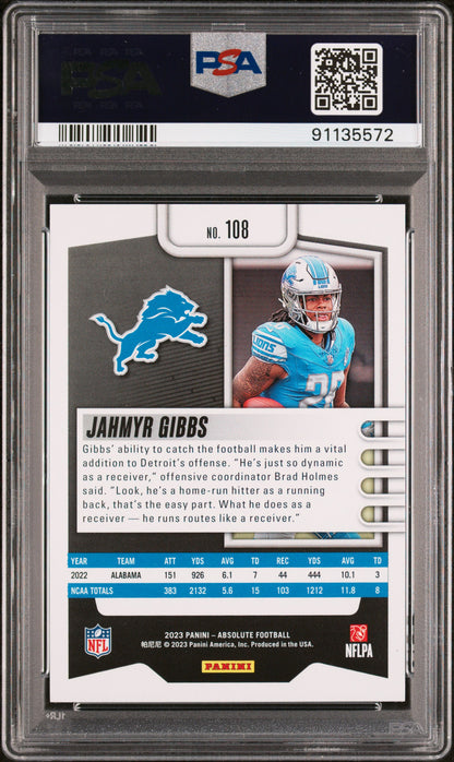 Graded 2023 Panini Absolute Jahmyr Gibbs #108 Rookie RC Football Card PSA 10 Gem Mint