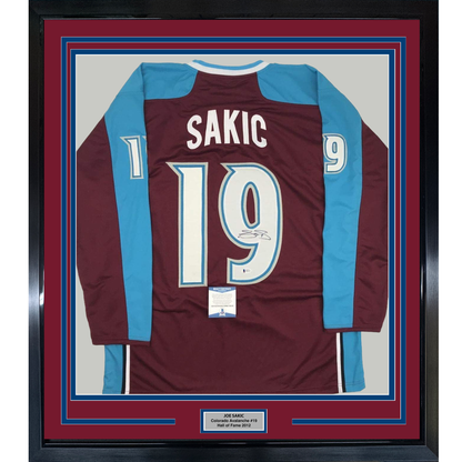 Framed Autographed/Signed Joe Sakic 35x39 Colorado Maroon Hockey Jersey Beckett BAS COA
