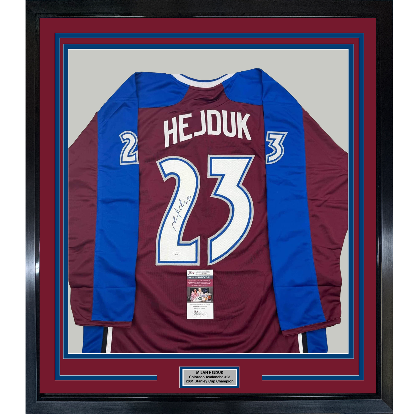 Framed Autographed/Signed Milan Hejduk 35x39 Colorado Maroon Hockey Jersey JSA COA