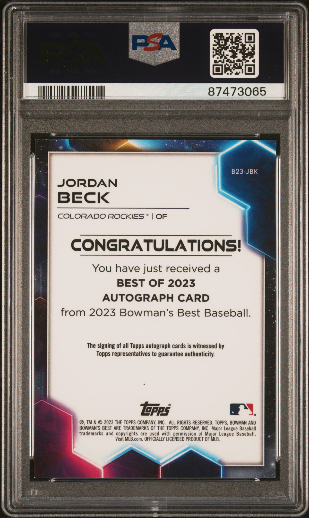 Graded 2023 Topps Bowmans Best Jordan Beck #B23JBK Best of 2023 Autograph Rookie RC Baseball Card PSA 10 Gem Mint
