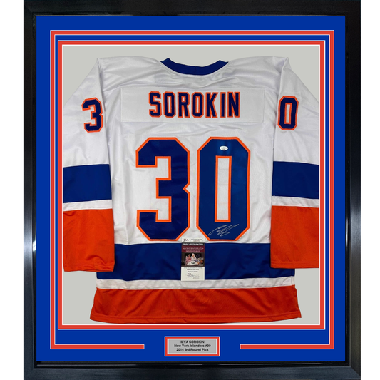 Framed Autographed/Signed Ilya Sorokin 35x39 New York White Hockey Jersey JSA COA