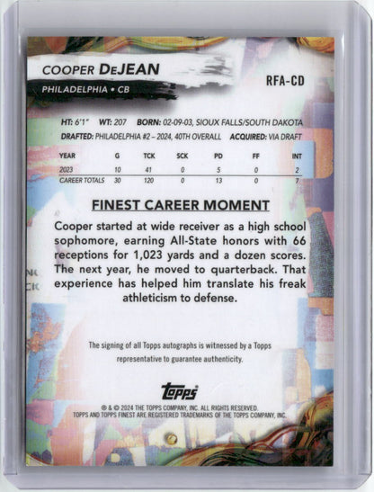 2024 Topps Finest Cooper DeJean #RFA-CD Auto Rookie RC Football Card