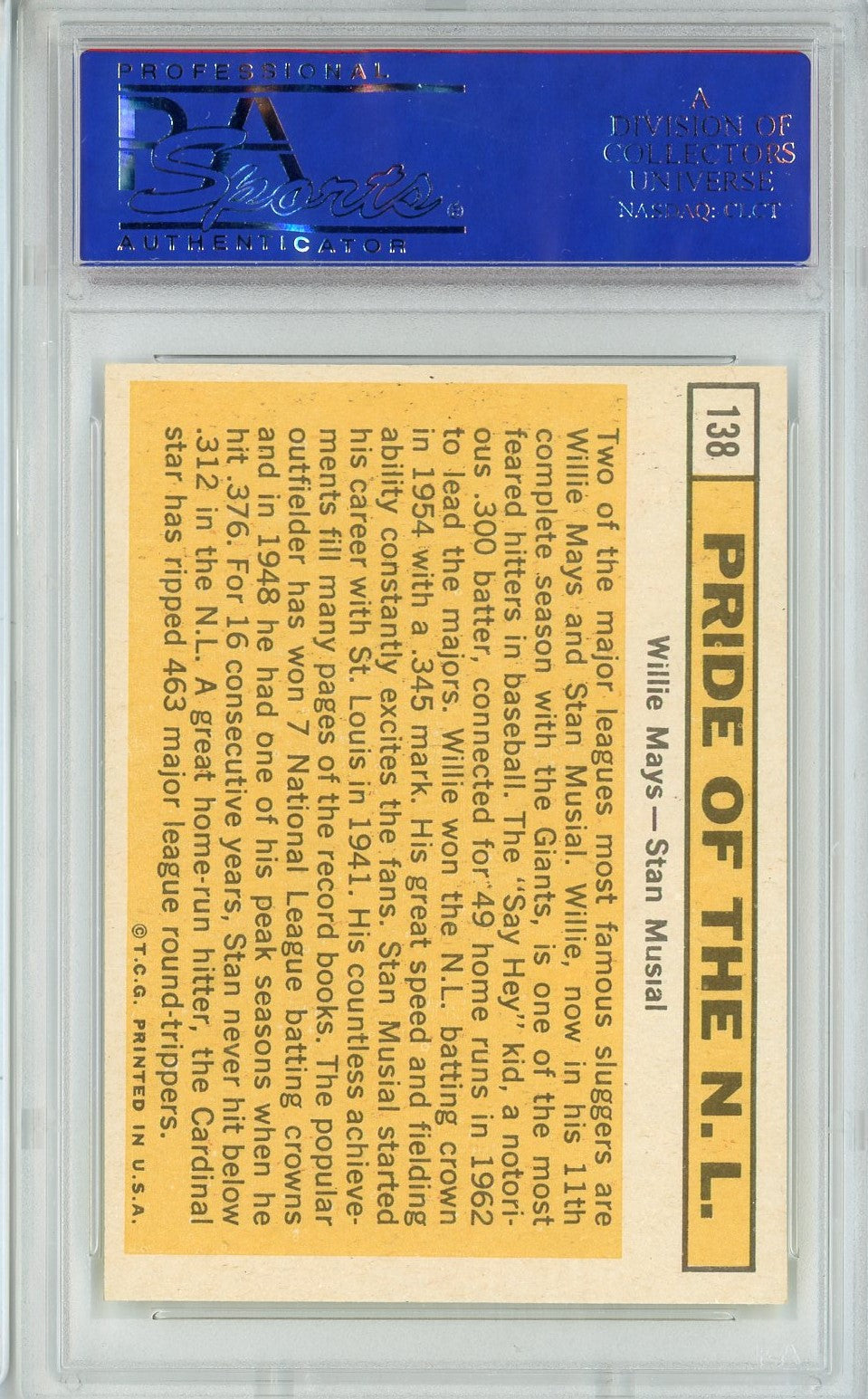Graded 1963 Topps Pride of NL Willie Mays Stan Musial #138 Baseball Card PSA 7 Near Mint