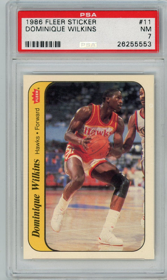 Graded 1986 Fleer Sticker Dominique Wilkins #11 Rookie RC Basketball Card PSA 7 Near Mint