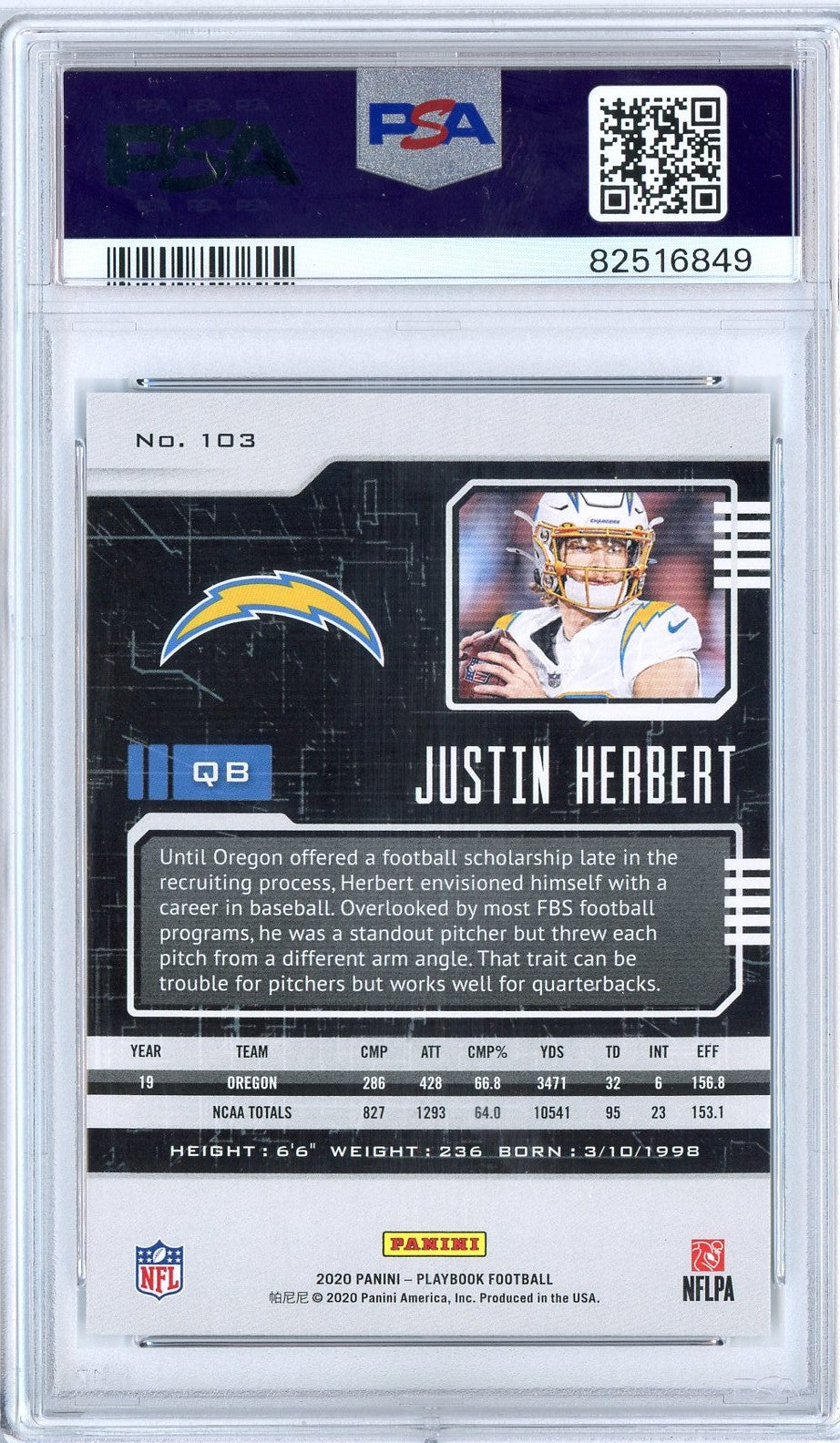 Graded 2020 Panini Playbook Justin Herbert #103 Rookie RC Football Card PSA 10 Gem Mint