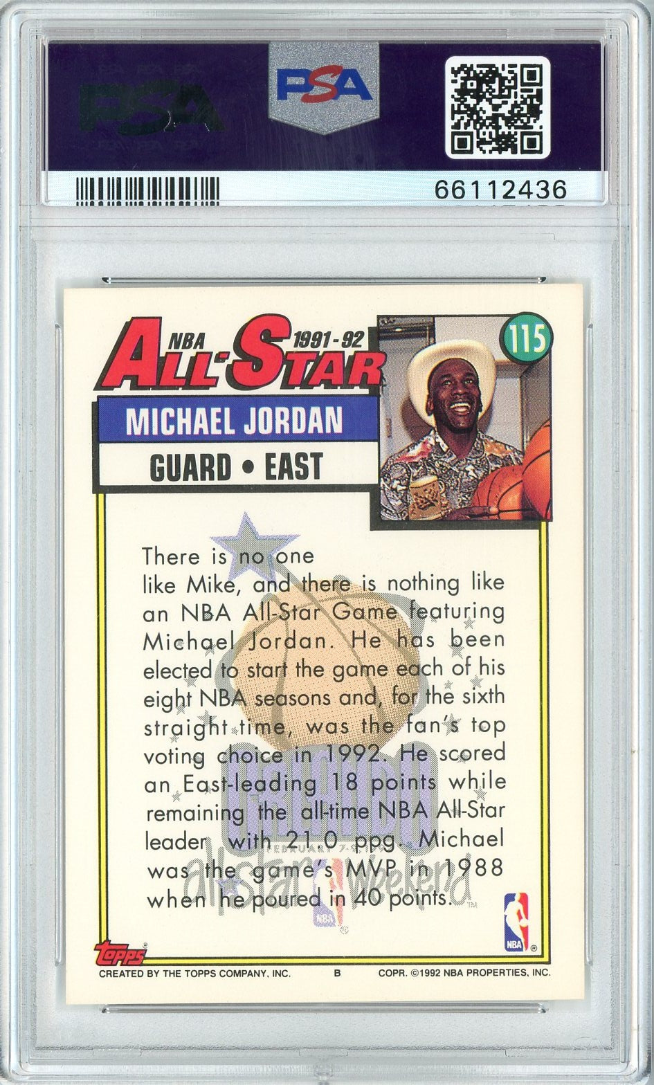 Graded 1992 Topps Michael Jordan #115 Basketball Card PSA 9 Mint