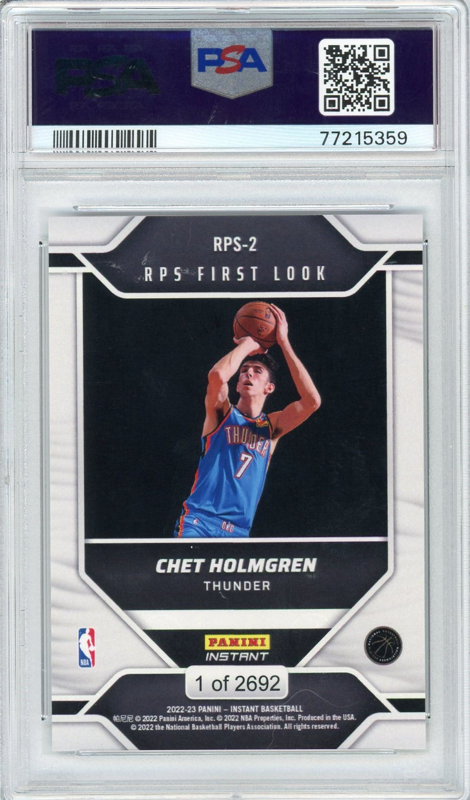 Graded 2022 Panini Instant Chet Holmgren #RPS-2 RPS First Look Rookie RC Basketball Card PSA 10 Gem Mint