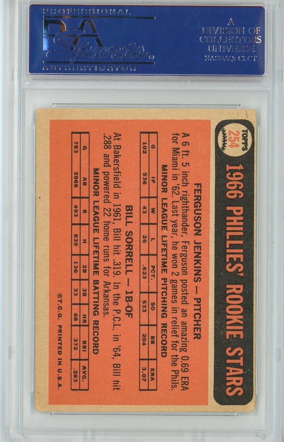 Graded 1966 Topps Ferguson Fergie Jenkins #254 Rookie RC Baseball Card PSA 4 VG-EX