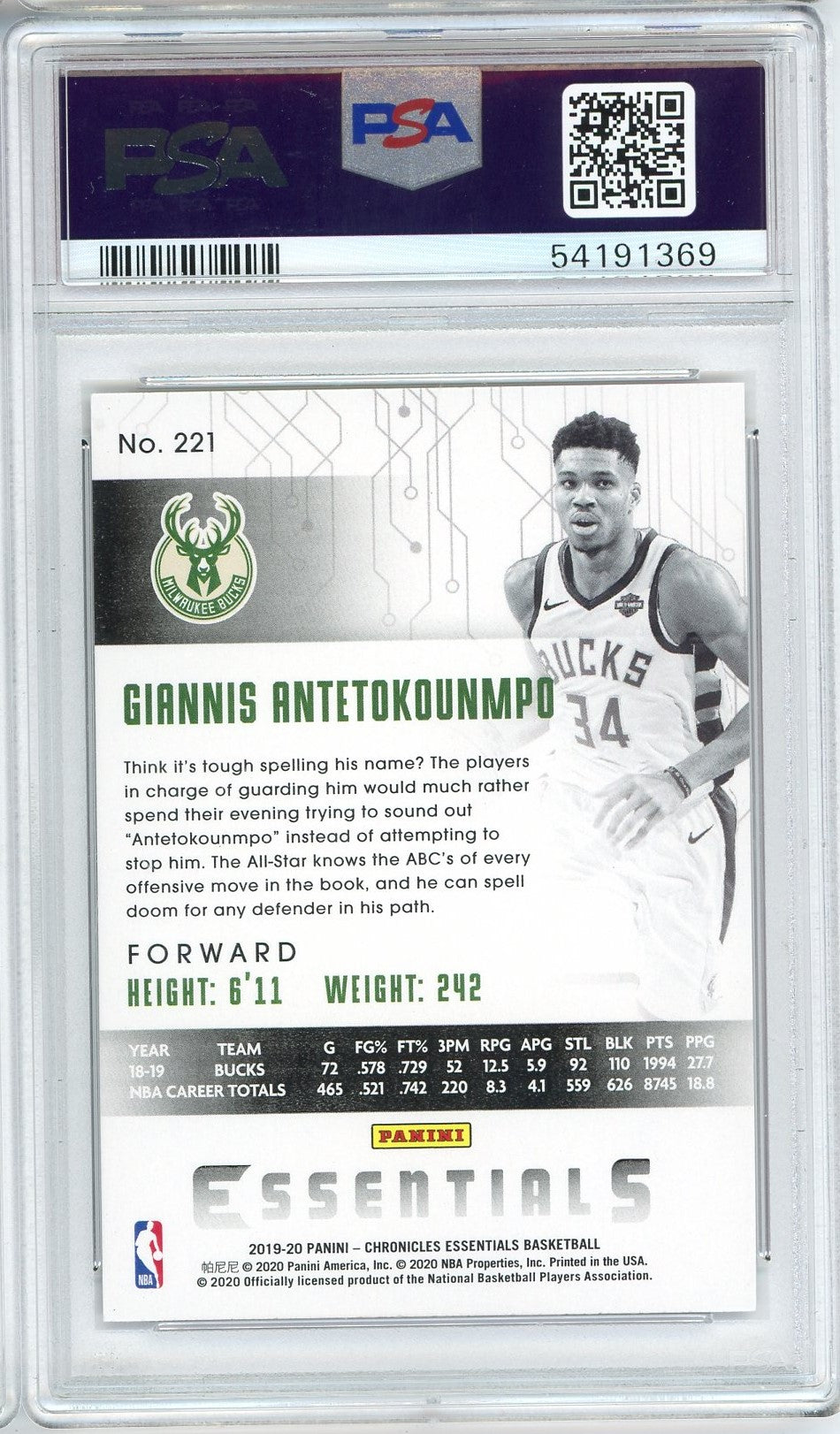 Graded 2019 Panini Chronicles Giannis Antetokounmpo #221 Pink Basketball Card PSA 10 Gem Mint