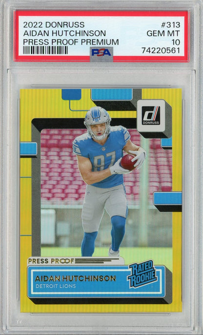 Graded 2022 Panini Donruss Aidan Hutchinson #313 Press Proof Premium Rookie RC Football Card PSA 10
