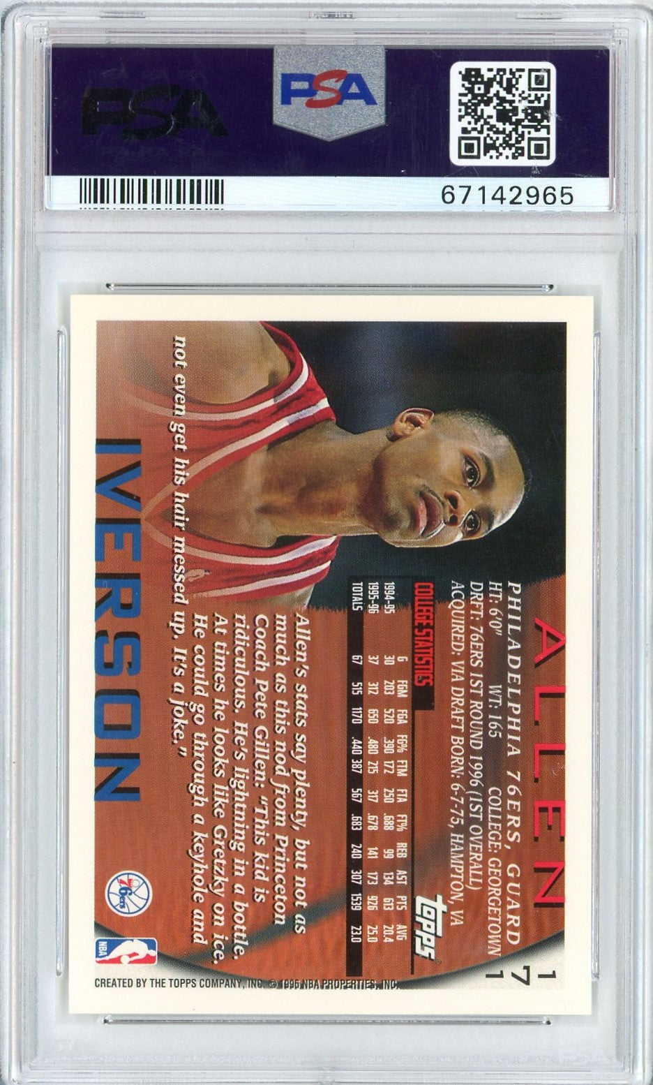 Graded 1996 Topps Allen Iverson #171 Rookie RC Basketball Card PSA 9 Mint