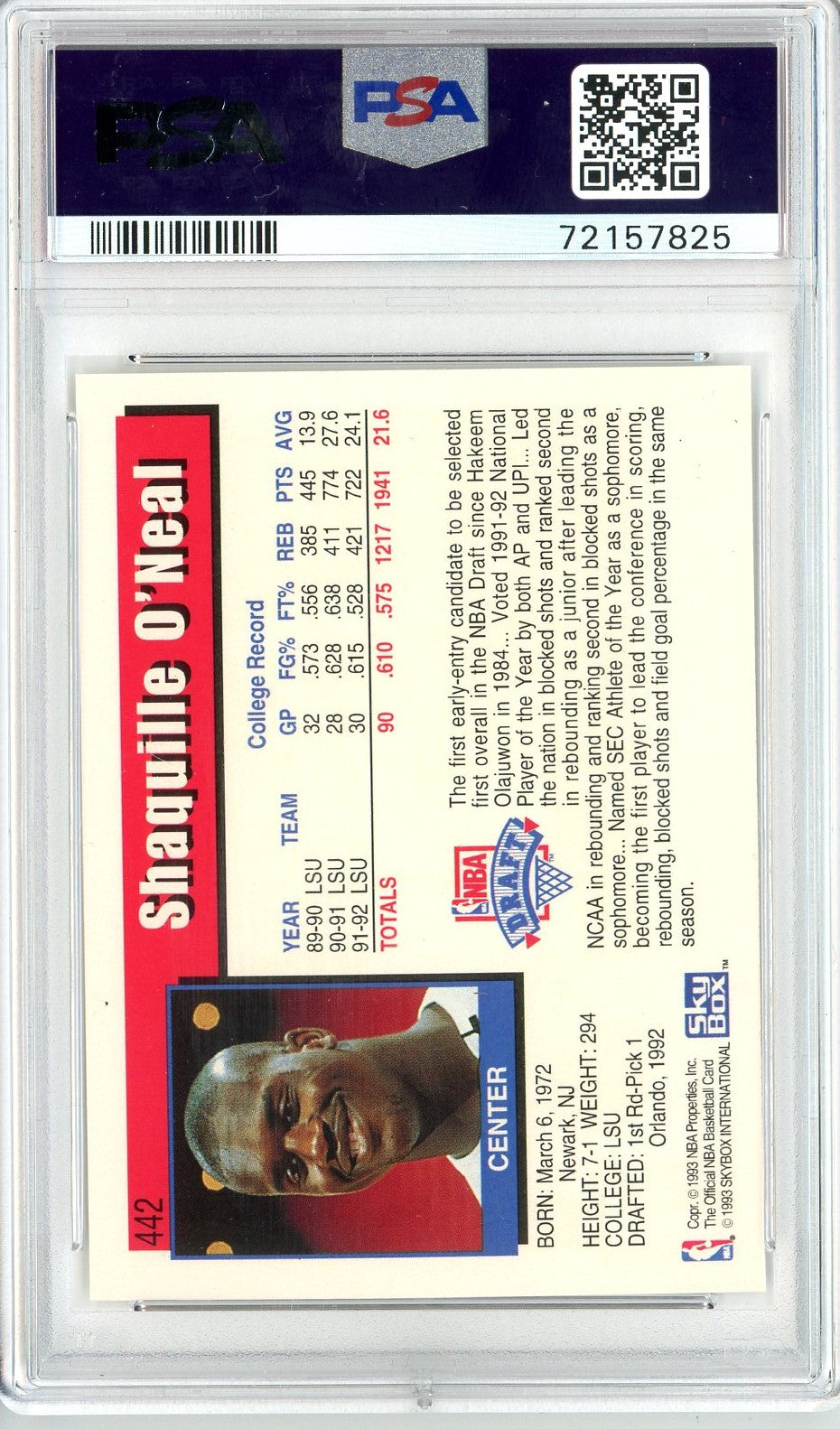 Graded 1992 Hoops Shaquille O'Neal #442 Rookie RC Basketball Card PSA 10 Gem Mint