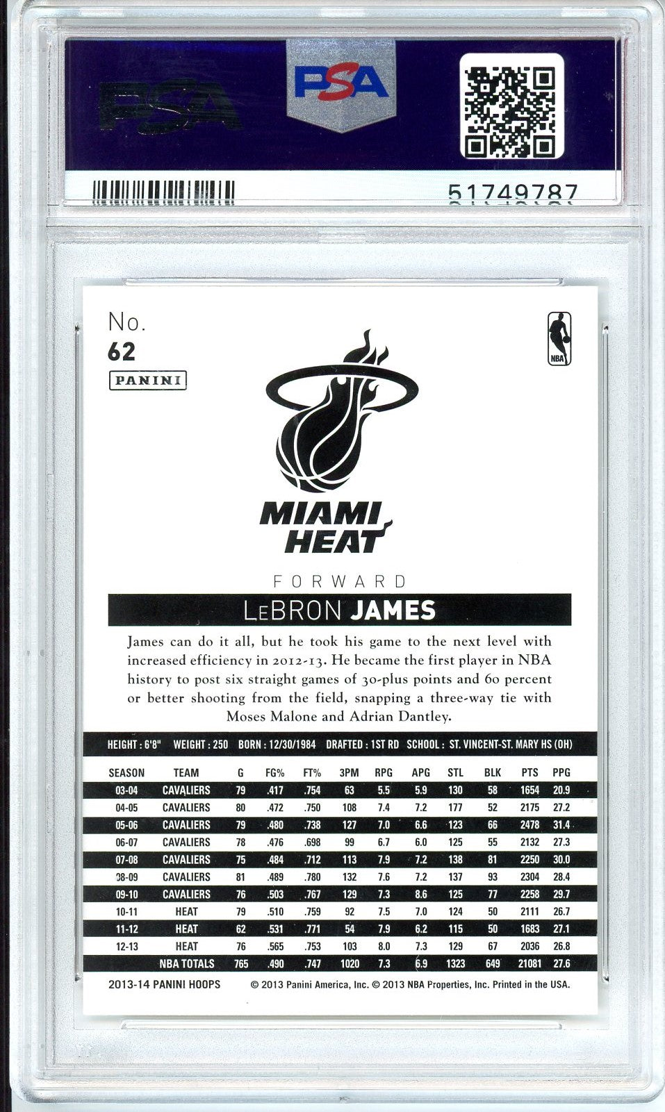 Graded 2013 Panini Hoops LeBron James #62 Basketball Card PSA 10 Gem Mint