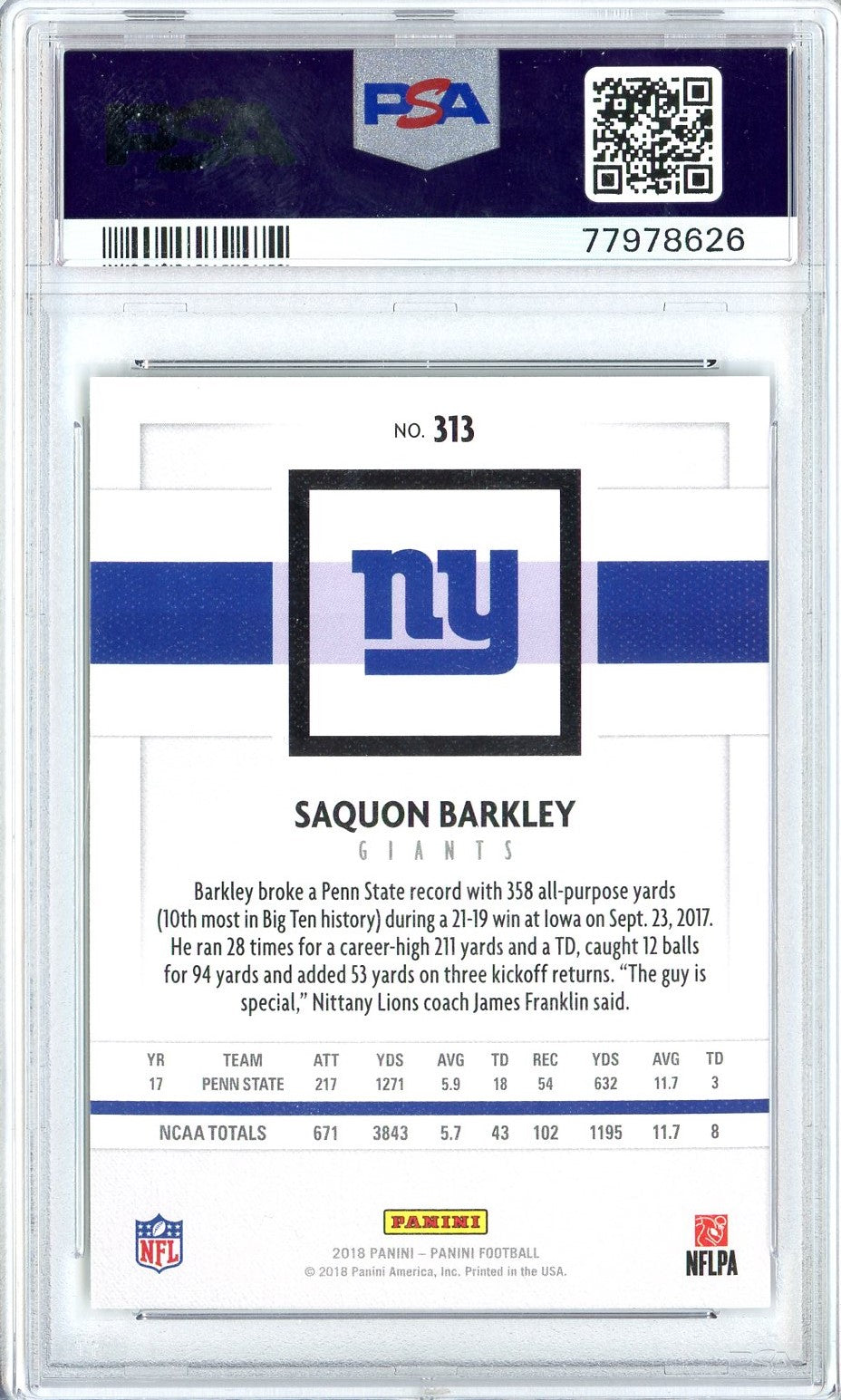 Graded 2018 Panini Saquon Barkley #313 Canvas Rookie RC Football Card PSA 10 Gem Mint