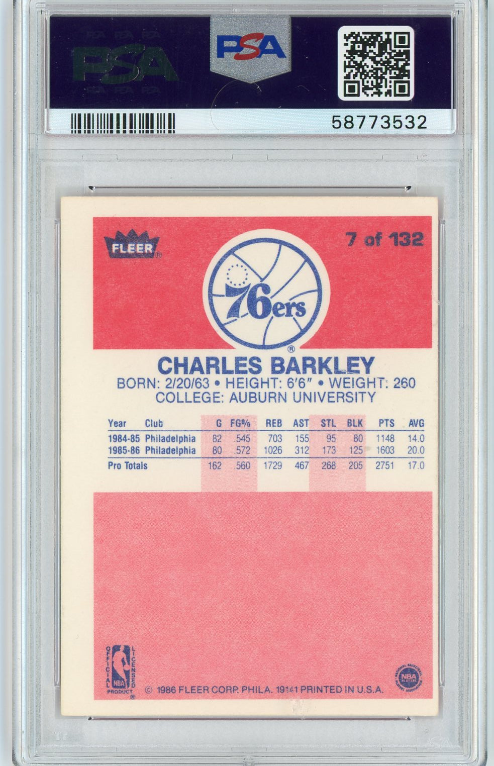 Graded 1986 Fleer Charles Barkley #7 Rookie RC Basketball Card PSA 6 EX-MT