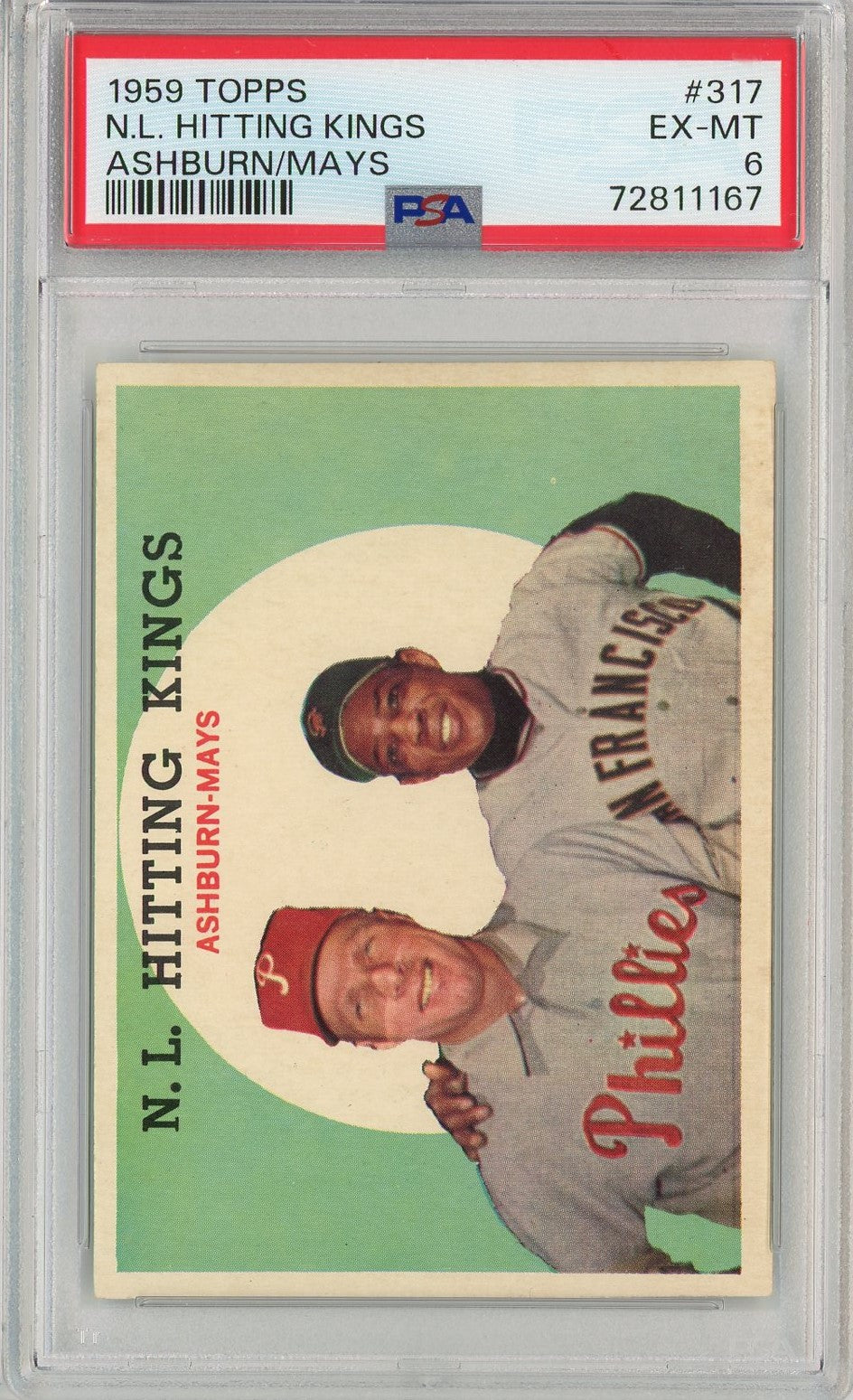 Graded 1959 Topps NL Hitting Kings Willie Mays Richie Ashburn #317 Baseball Card PSA 6 EX-MT