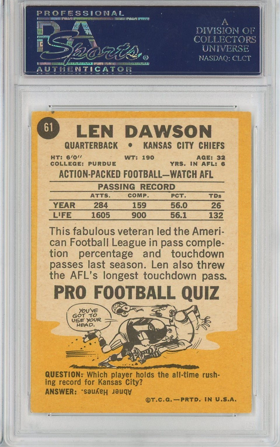 Graded 1967 Topps Len Dawson #61 Football Card PSA 6 EX-MT