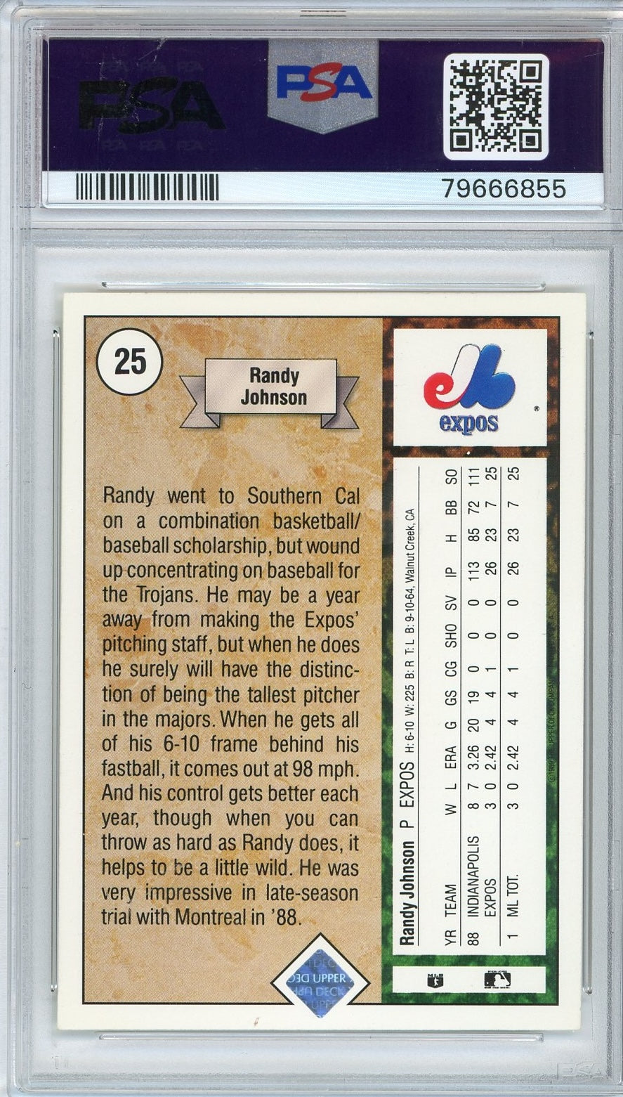 Graded 1989 Upper Deck UD Randy Johnson #25 Rookie RC Baseball Card PSA 9 Auto Grade Mint
