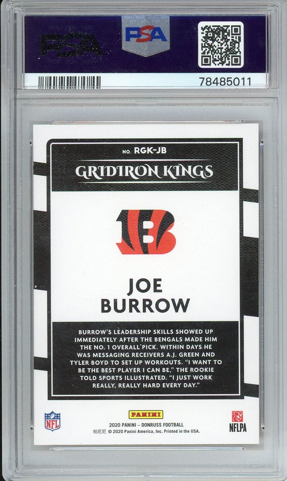 Graded 2020 Panini Donruss Joe Burrow #RGKJB Gridiron Kings Rookie RC Football Card PSA 9 Mint