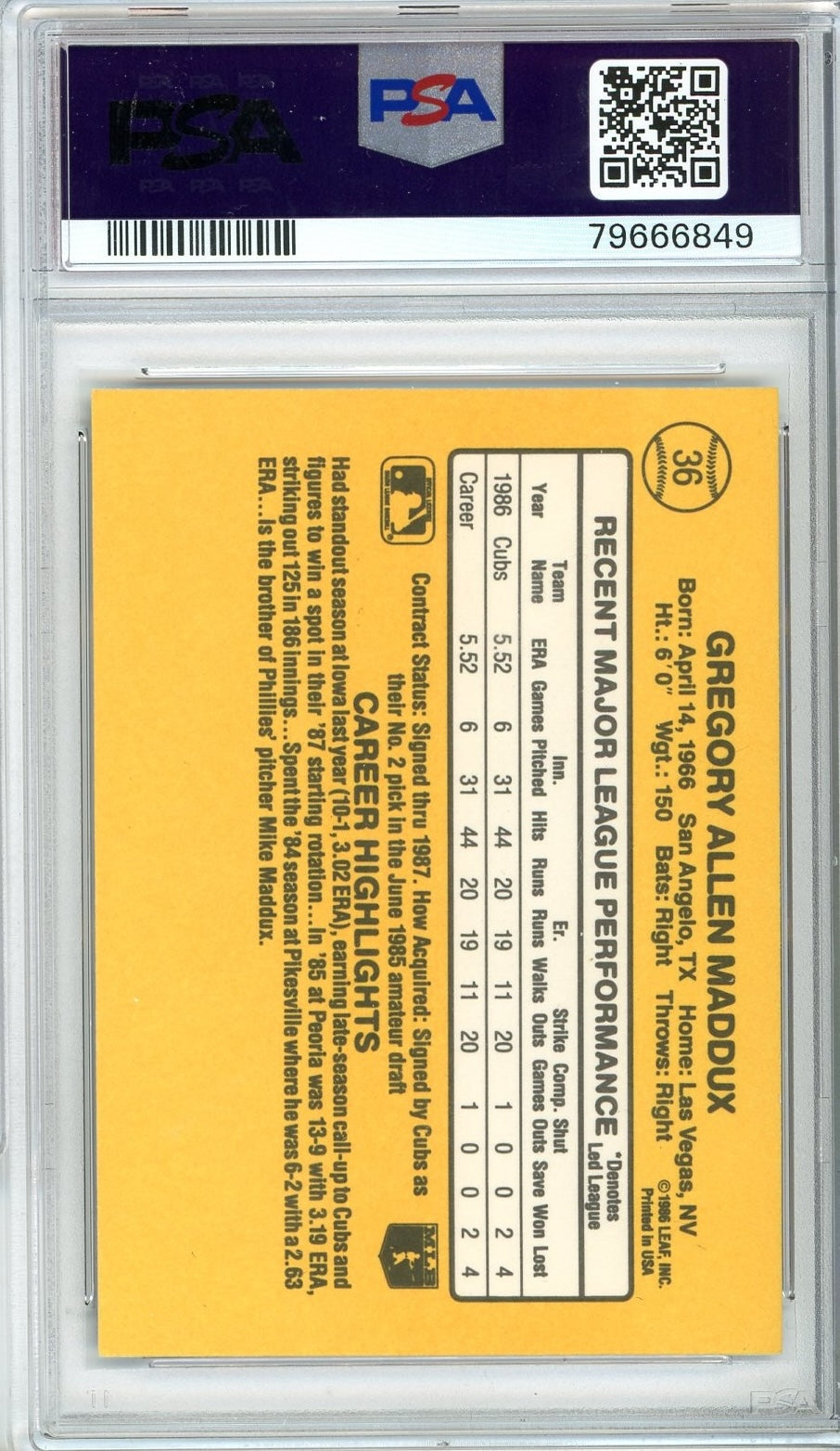 Graded 1987 Donruss Greg Maddux #36 Rookie RC Baseball Card PSA 10 Auto Grade Gem Mint